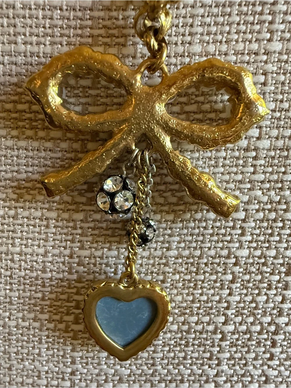 Betsey Johnson Gold-Tone Pearl Bow Necklace with Crystal Heart Pendant - Picture 8 of 8